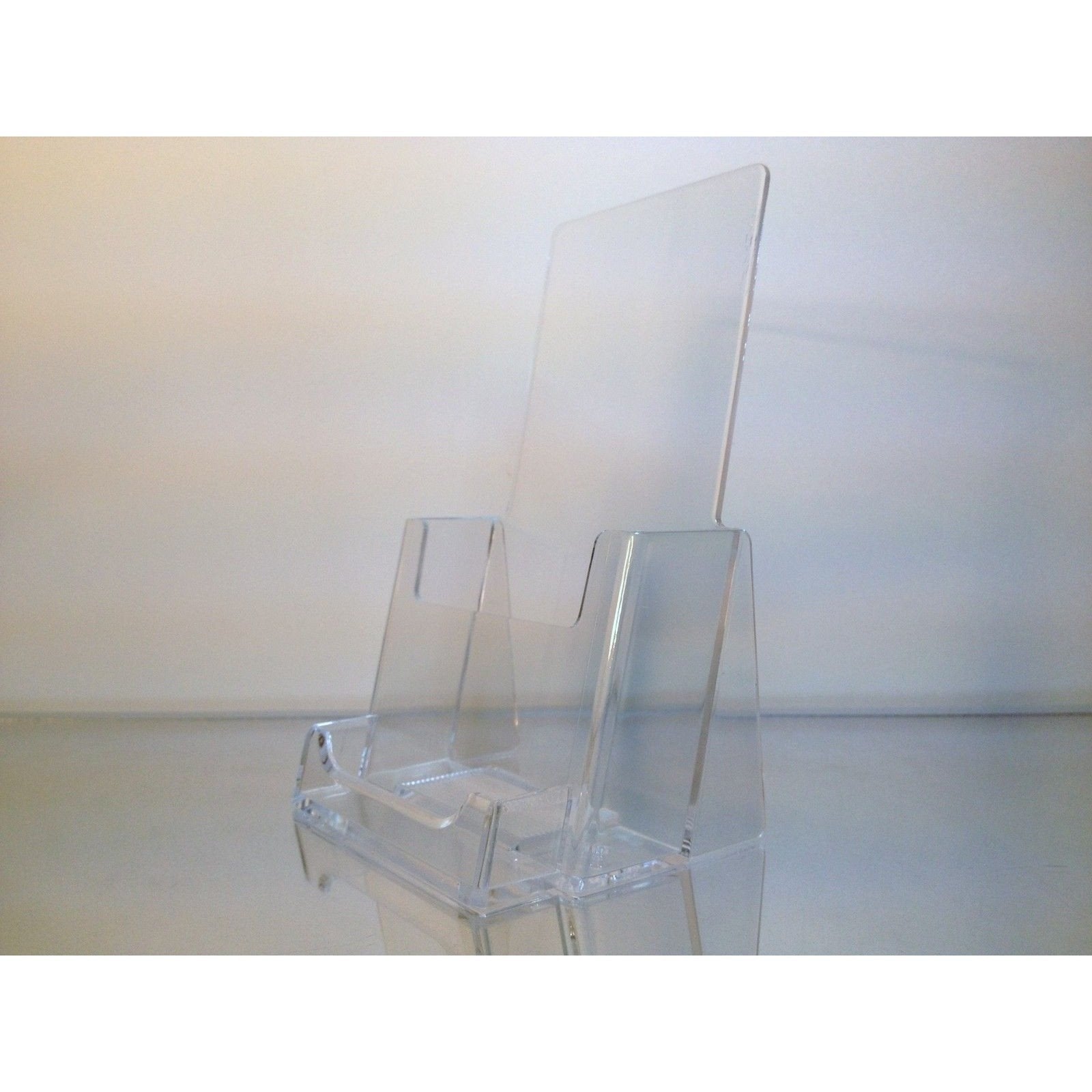 Trifold Brochure Holder W Card Pocket - Clear Acrylic - 4" W x 9" H Trifold Brochure Holder W Card Pocket - Clear Acrylic - 4" W x 9" H